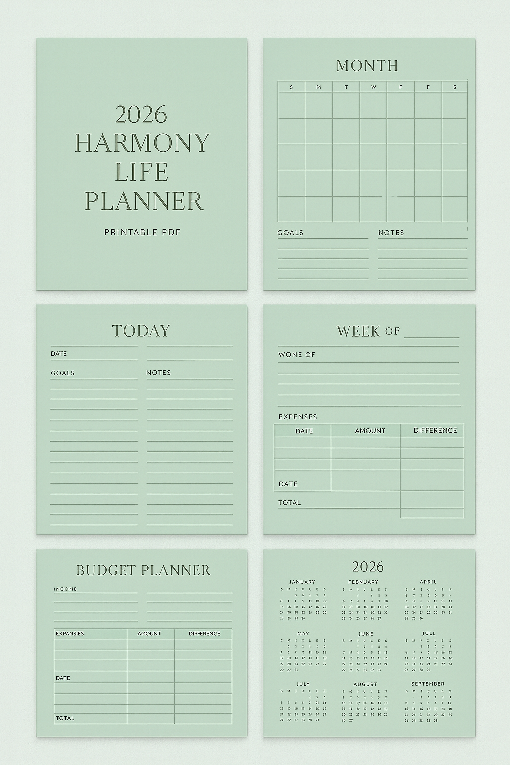 2026 Harmony Life Planner – Mix & Match Printable Set (5 Colors)