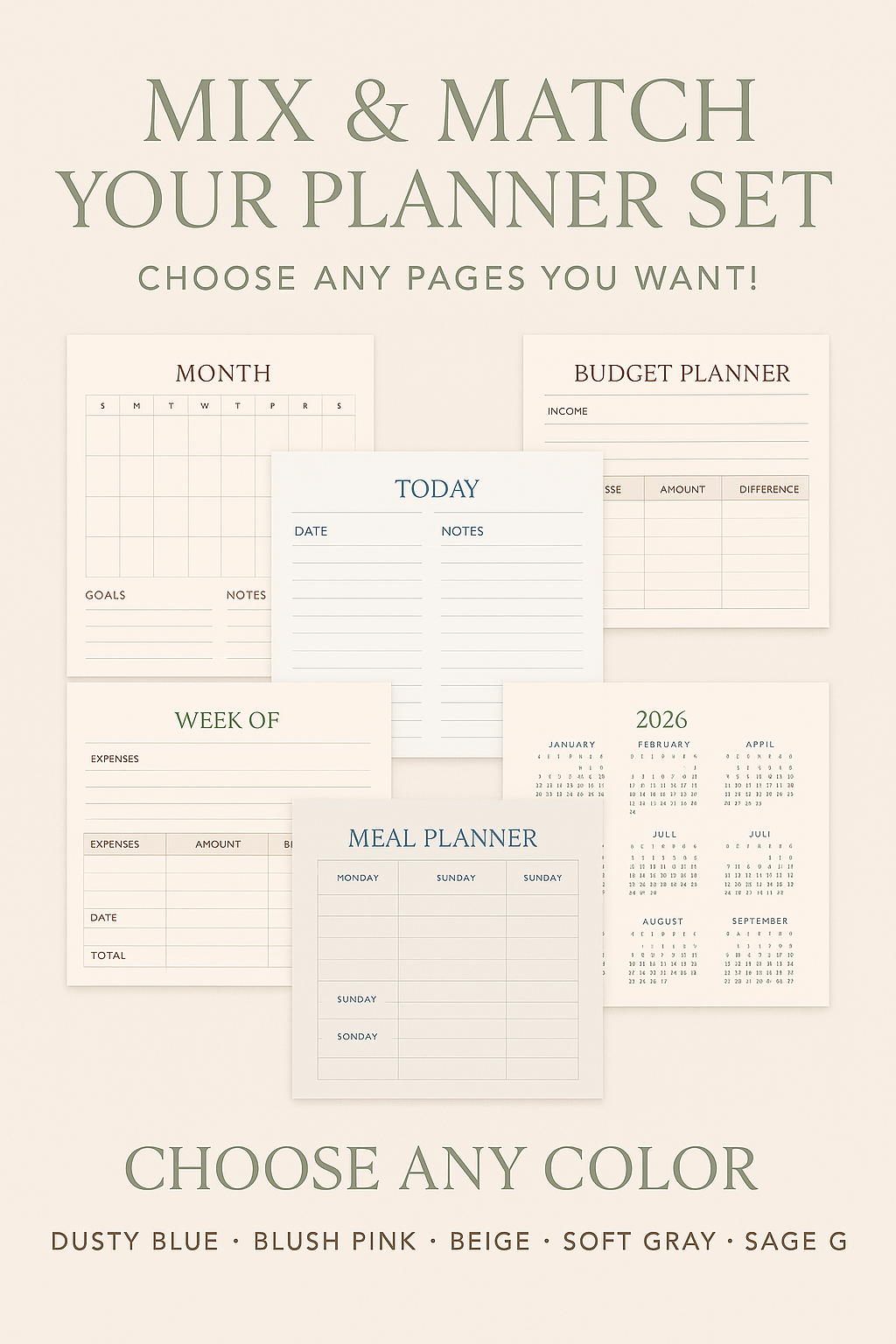 2026 Harmony Life Planner – Mix & Match Printable Set (5 Colors)